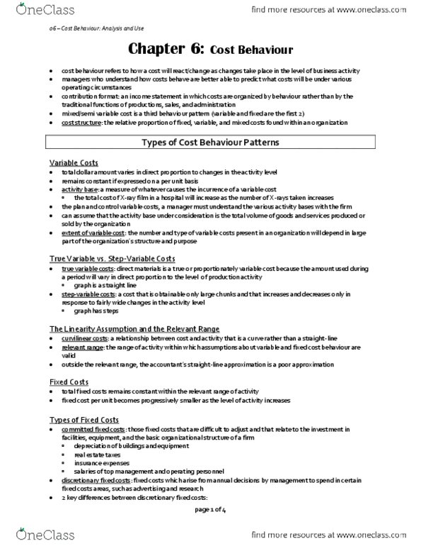 AFM102 Chapter Notes - Chapter 6: Fixed Cost, Variable Cost, Dependent And Independent Variables thumbnail