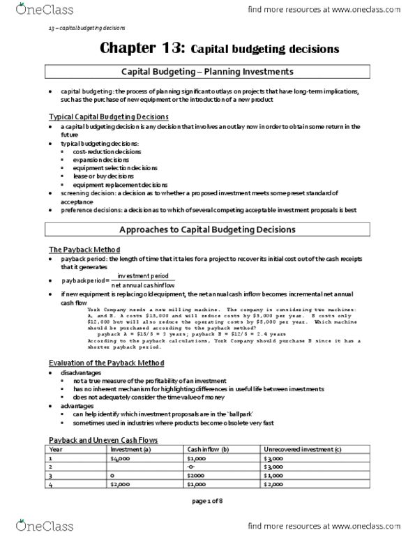 AFM102 Chapter Notes - Chapter 13: Discounted Cash Flow, Capital Budgeting, Cash Flow thumbnail