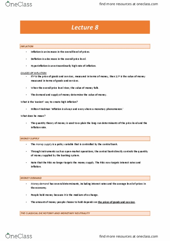 ECON1010 Lecture Notes - Lecture 8: Fisher Hypothesis, Economic Equilibrium, Seigniorage thumbnail