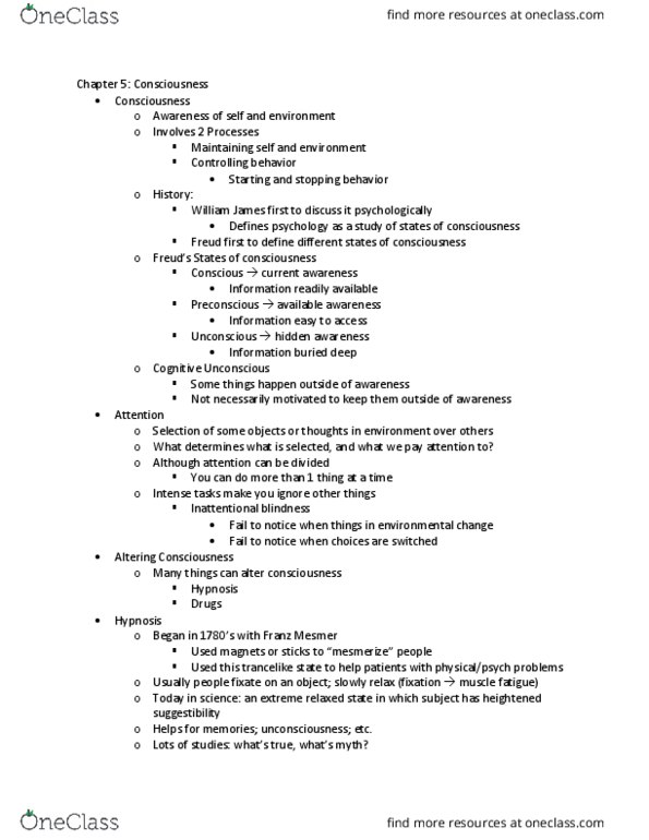 PSY 1001 Lecture Notes - Lecture 6: Hypnotic Susceptibility, Franz Mesmer, Inattentional Blindness thumbnail