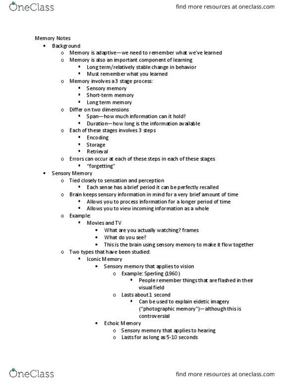 PSY 1001 Lecture Notes - Lecture 3: Mnemonic, Acrostic, Eidetic Memory thumbnail