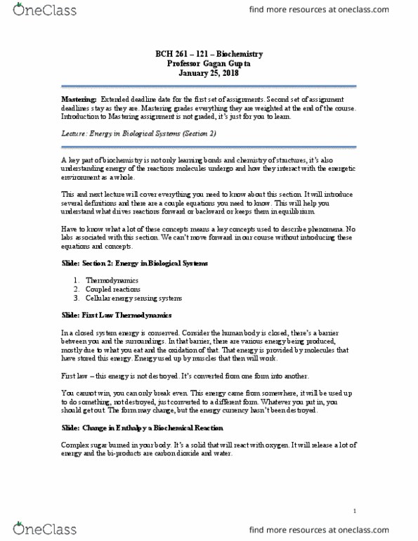 BCH 261 Lecture Notes - Lecture 5: Negative Number, Entropy, Glycolysis thumbnail