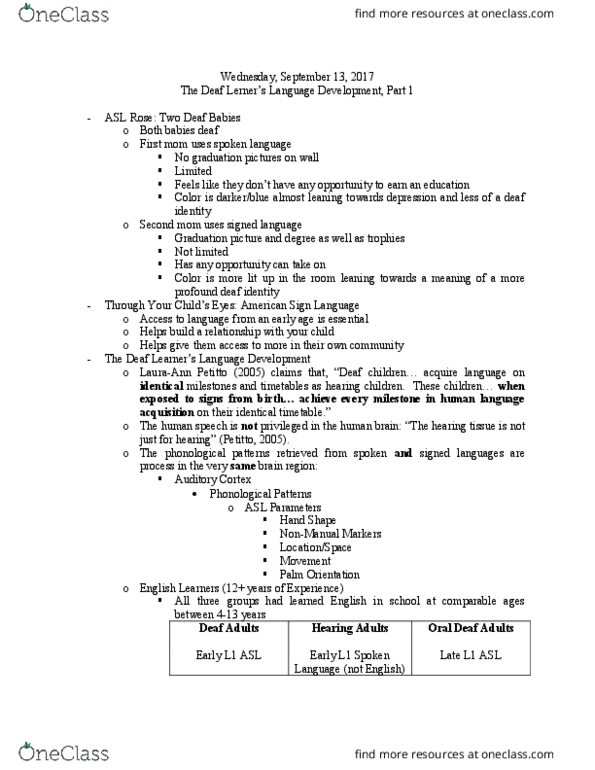 DEAF 406 Lecture Notes - Lecture 3: Metalinguistic Awareness, Noam Chomsky, Neuroplasticity thumbnail