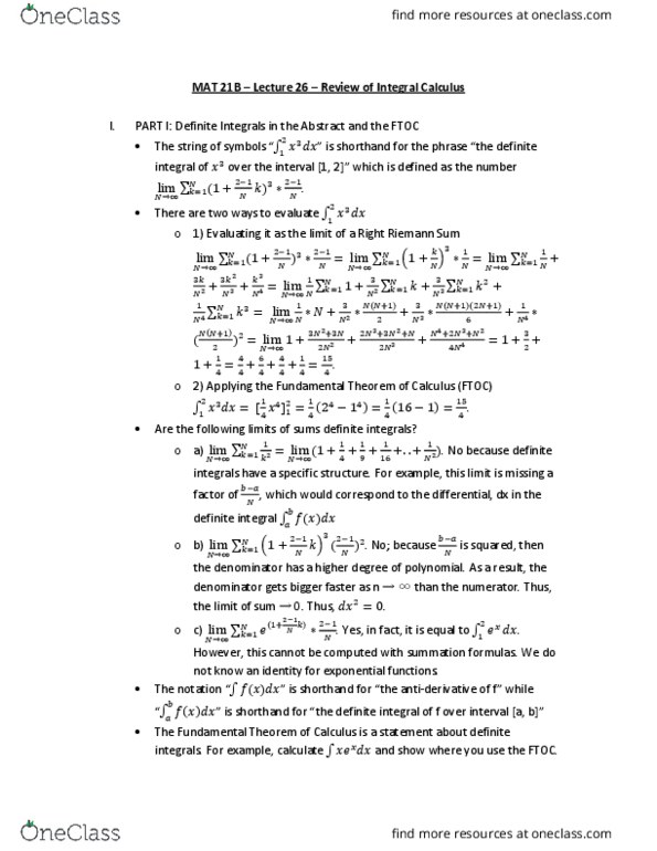 MAT 21B Lecture Notes - Lecture 26: Specific Weight, Moment Of Inertia, Riemann Sum thumbnail