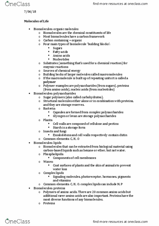 BIOL1130 Lecture Notes - Lecture 8: Biosignature, Biomolecule, Gaia Hypothesis thumbnail