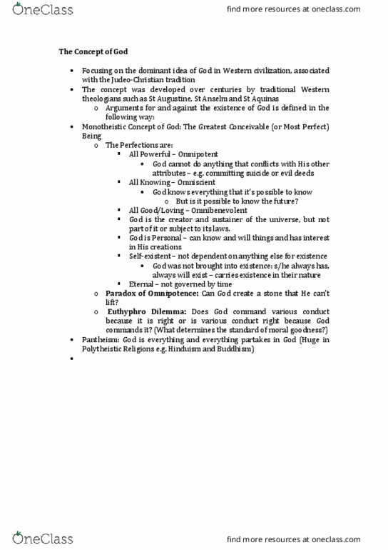 PHIL1003 Lecture Notes - Lecture 2: Pantheism, Euthyphro Dilemma, Anselm Of Canterbury thumbnail