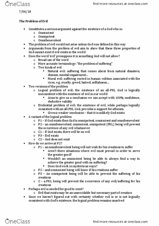 PHIL1003 Lecture Notes - Lecture 7: Theodicy, Omnibenevolence, Theism thumbnail