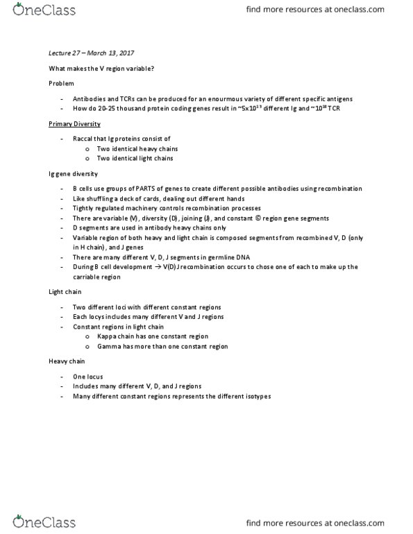 MIMM 214 Lecture Notes - Lecture 26: Recombination-Activating Gene, Chromosome, V(D)J Recombination thumbnail