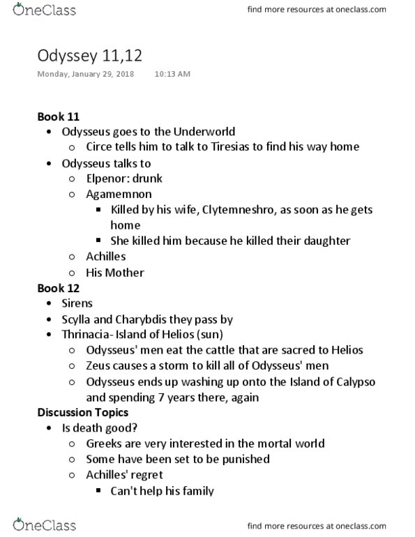 CAMS 001 Lecture Notes - Lecture 8: Thrinacia, Odysseus thumbnail