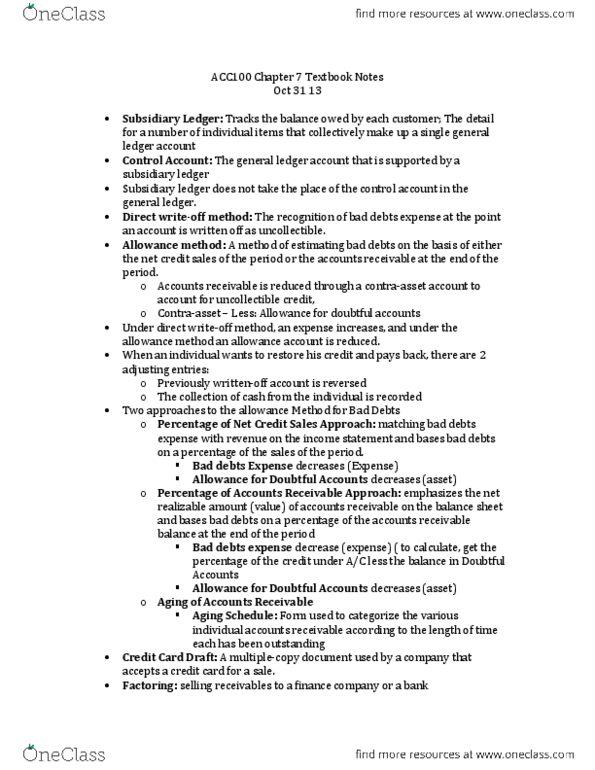 ACC 100 Chapter Notes - Chapter 7: Subledger, Accounts Receivable, General Ledger thumbnail