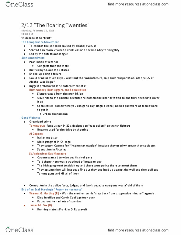 HIST 10613 Lecture Notes - Lecture 7: Thompson Submachine Gun, Calvin Coolidge, Speakeasy thumbnail