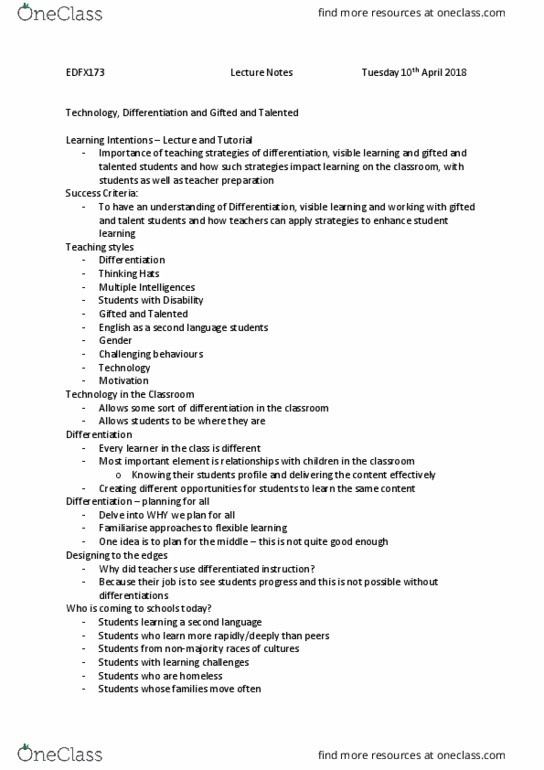 EDFX173 Lecture Notes - Lecture 8: Autism Spectrum, Intellectual Disability, Formative Assessment thumbnail