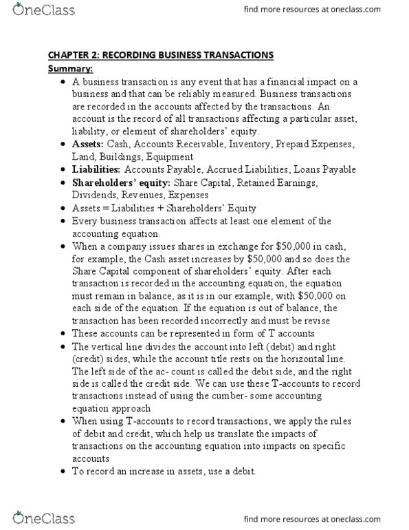 MGT120H5 Chapter Notes - Chapter 2: Trial Balance, The Ledger, Financial Statement thumbnail