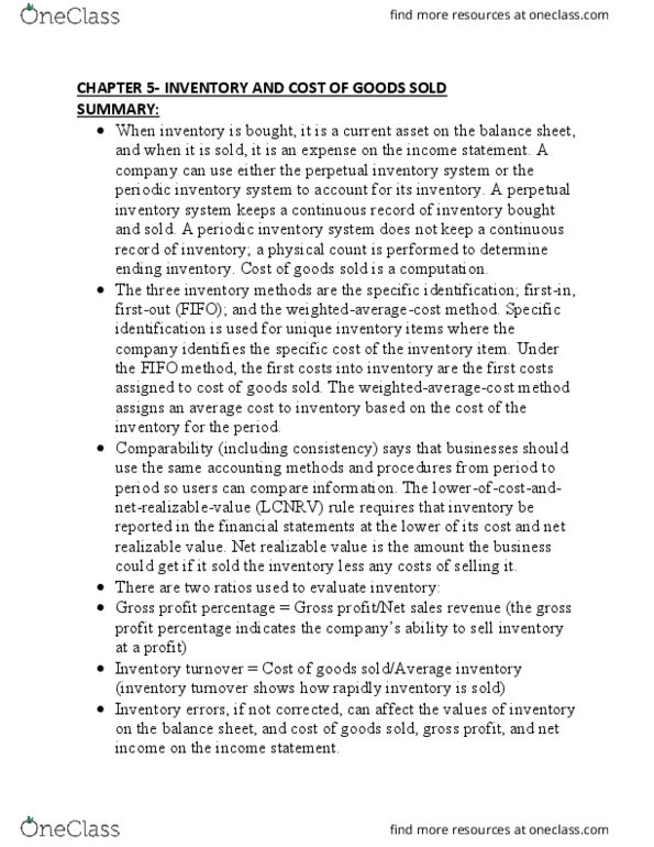 MGT120H5 Chapter Notes - Chapter 5: Gross Margin, Historical Cost, Inventory Turnover thumbnail