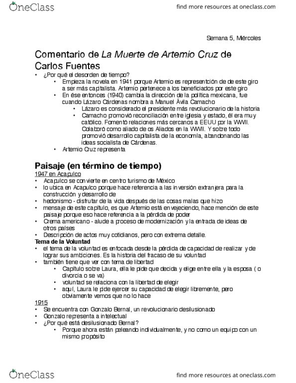 SPAN 140 Lecture Notes - Lecture 11: Llama, The Death Of Artemio Cruz, Carlos Fuentes thumbnail
