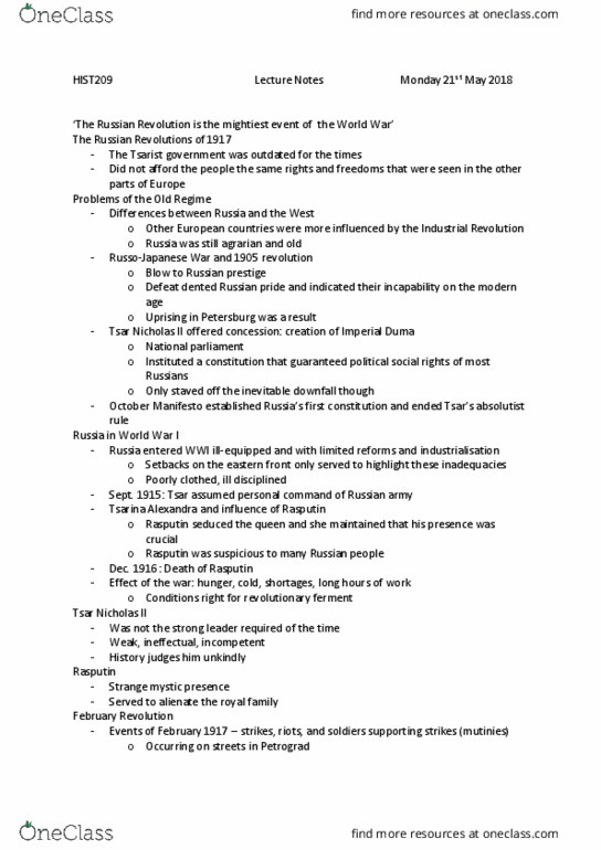 HIST209 Lecture Notes - Lecture 12: Kornilov Affair, Mensheviks, Petrograd Soviet thumbnail