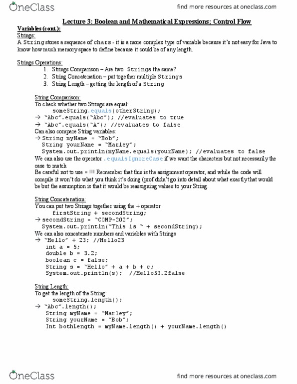 COMP 202 Lecture Notes - Lecture 3: Boolean Expression, Concatenation, Control Flow thumbnail