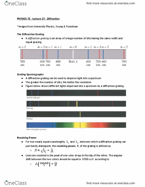PHYSICS 7E Lecture Notes - Lecture 27: Diffraction Grating, Diffraction thumbnail