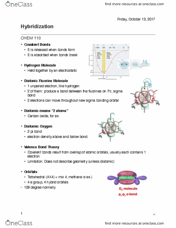 CHEM 110 Lecture Notes - Lecture 16: Valence Bond Theory, Sigma Bond, Unpaired Electron thumbnail