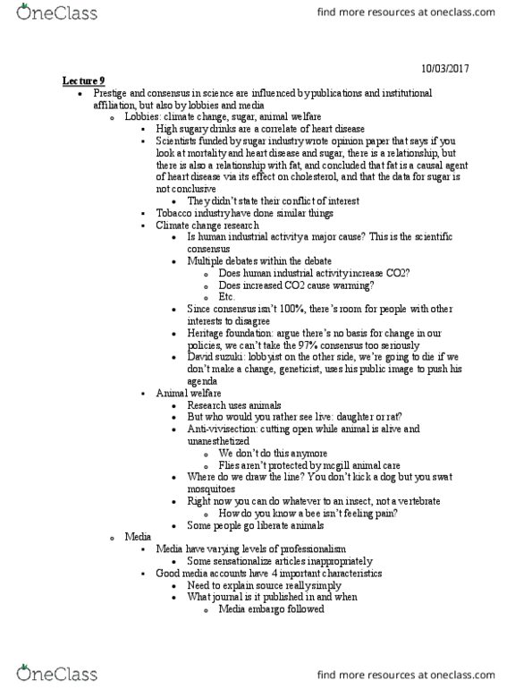 BIOL 210 Lecture Notes - Lecture 9: David Suzuki, Animal Welfare, Tobacco Industry thumbnail