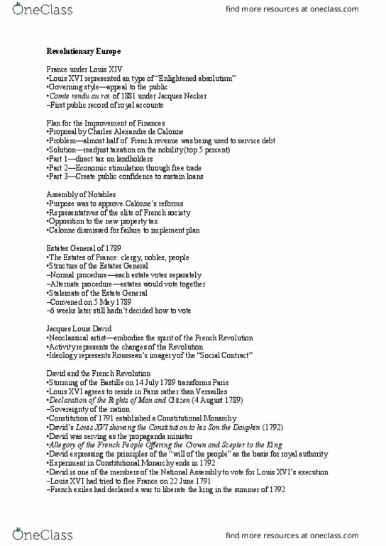 HUM 223 Lecture Notes - Lecture 22: Jacques-Louis David, Charles Alexandre De Calonne, Enlightened Absolutism thumbnail
