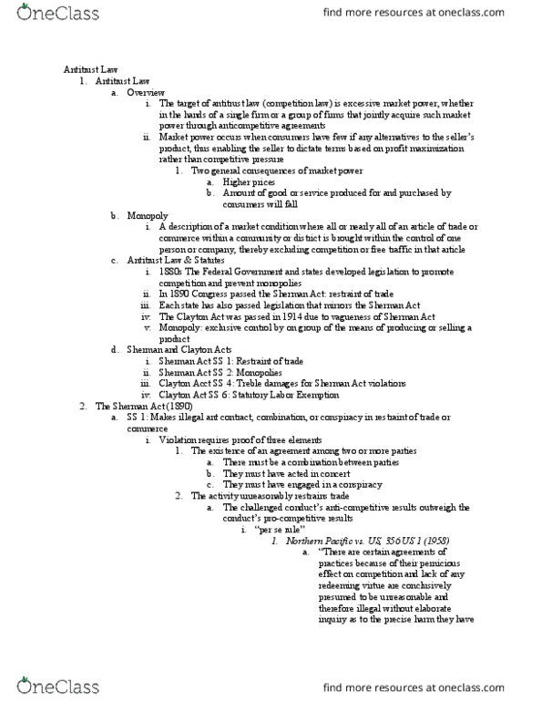 BSLW6604 Lecture Notes - Lecture 11: The Possession, Profit Maximization, Clayton Antitrust Act thumbnail