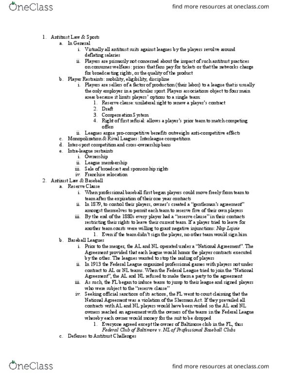 BSLW6604 Lecture Notes - Lecture 12: Reserve Clause, Curt Flood, Nap Lajoie thumbnail