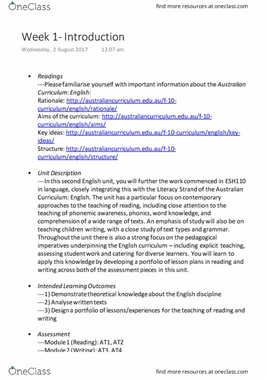 ESH201 Lecture Notes - Lecture 1: Australian Curriculum, Phonemic Awareness, Angiotensin Ii Receptor Type 1 thumbnail