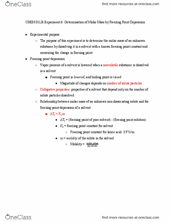 CHEM 01LB Lecture Notes - Lecture 6: Freezing-Point Depression, Melting Point, Colligative Properties thumbnail