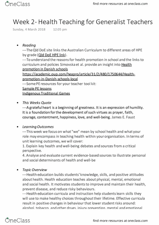 ESH340 Lecture Notes - Lecture 2: Australian Curriculum, School Hygiene, Health Education thumbnail
