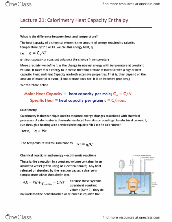 CHEM1011 Lecture Notes - Lecture 21: Calorimetry, Heat Capacity, Intensive And Extensive Properties thumbnail