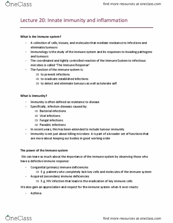 BIOL1008 Lecture Notes - Lecture 20: Innate Immune System, Microorganism, Immunology thumbnail