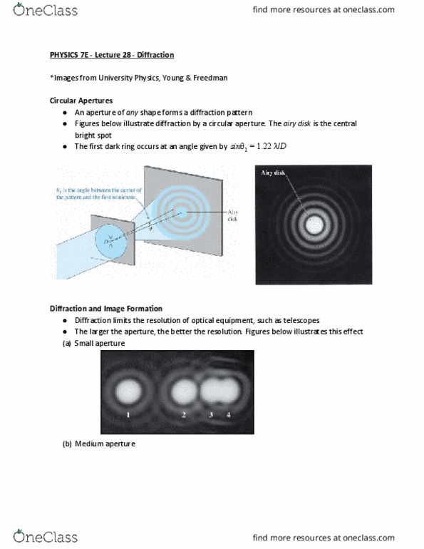 PHYSICS 7E Lecture Notes - Lecture 28: Airy Disk, Diffraction, Hubble Space Telescope thumbnail