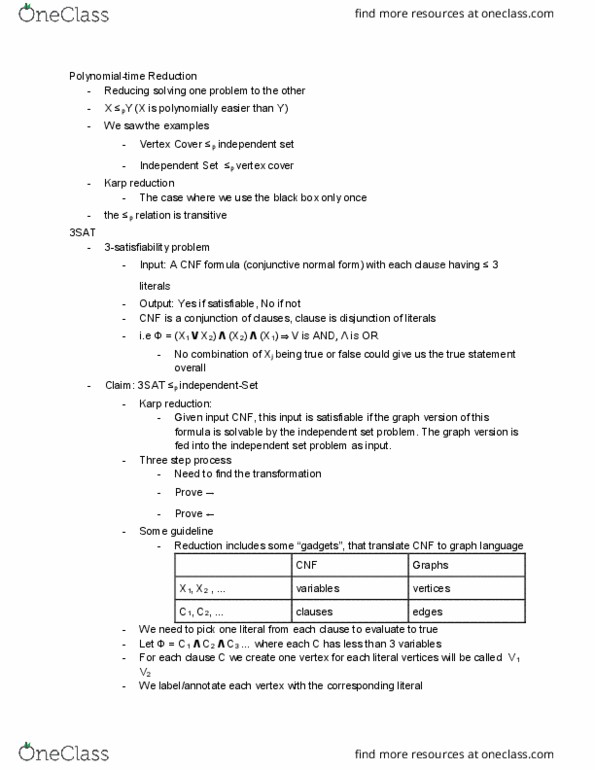 COM SCI 180 Lecture Notes - Lecture 14: Conjunctive Normal Form, Polynomial-Time Reduction, Vertex Cover thumbnail