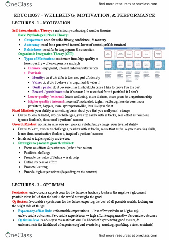 EDUC10057 Lecture Notes - Lecture 9: Mindset, Optimism Bias, Metatheory thumbnail