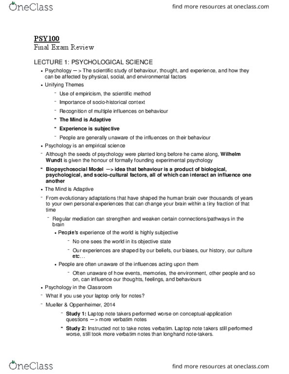 PSY100H1 Final: PSY100 Final Exam Review - OneClass