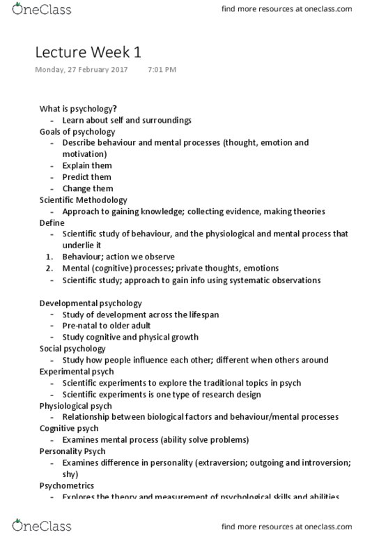 PSYC100 Lecture Notes - Lecture 1: Extraversion And Introversion, Psychometrics, Psych thumbnail