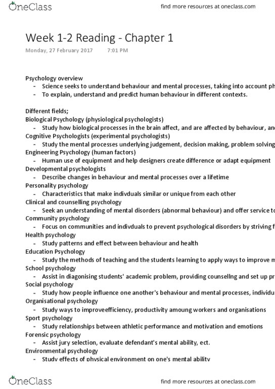 PSYC100 Chapter Notes - Chapter 1: Forensic Psychology, Environmental Psychology, School Psychology thumbnail