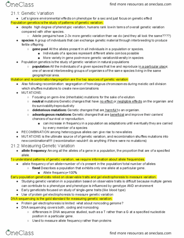 LIFESCI 7B Lecture Notes - Lecture 4: Allele Frequency, Population Genetics, Allele thumbnail