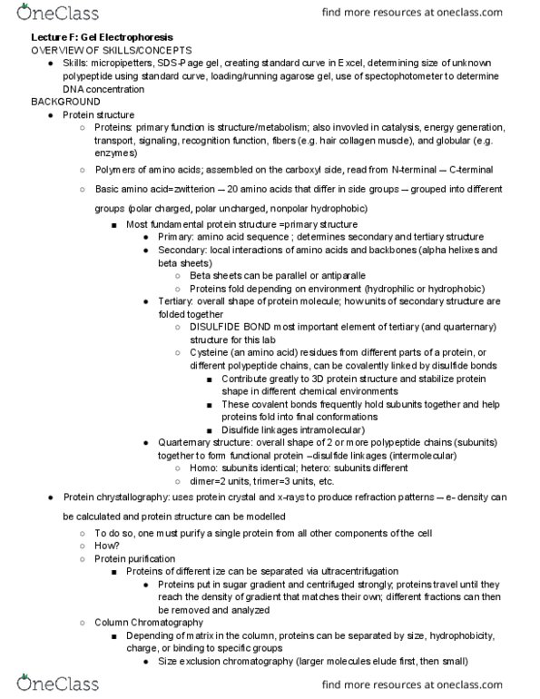 LIFESCI 23L Lecture Notes - Lecture 6: Size-Exclusion Chromatography, Gel Electrophoresis, Agarose Gel Electrophoresis thumbnail