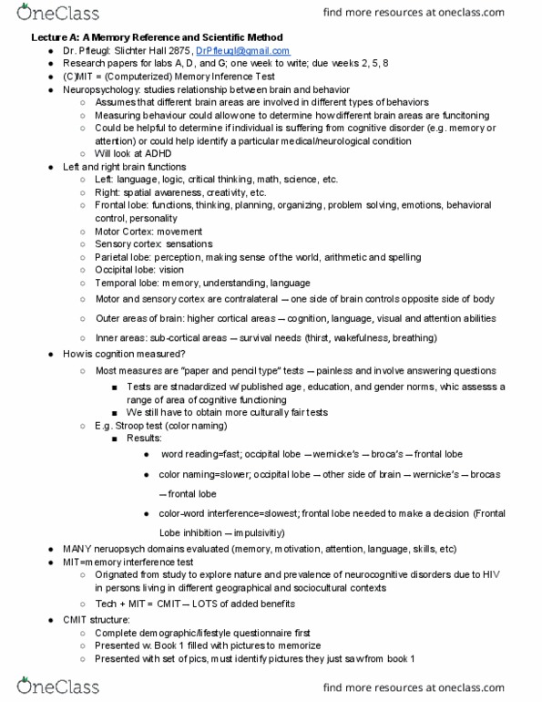 LIFESCI 23L Lecture Notes - Lecture 1: Occipital Lobe, Frontal Lobe, Parietal Lobe thumbnail