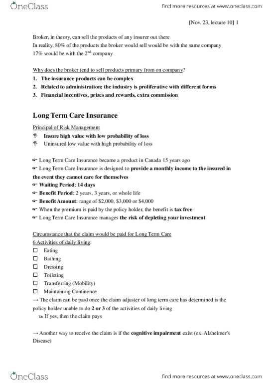 MTHEL131 Lecture Notes - Lecture 10: Long-Term Care Insurance, Long-Term Care, Canada Pension Plan thumbnail