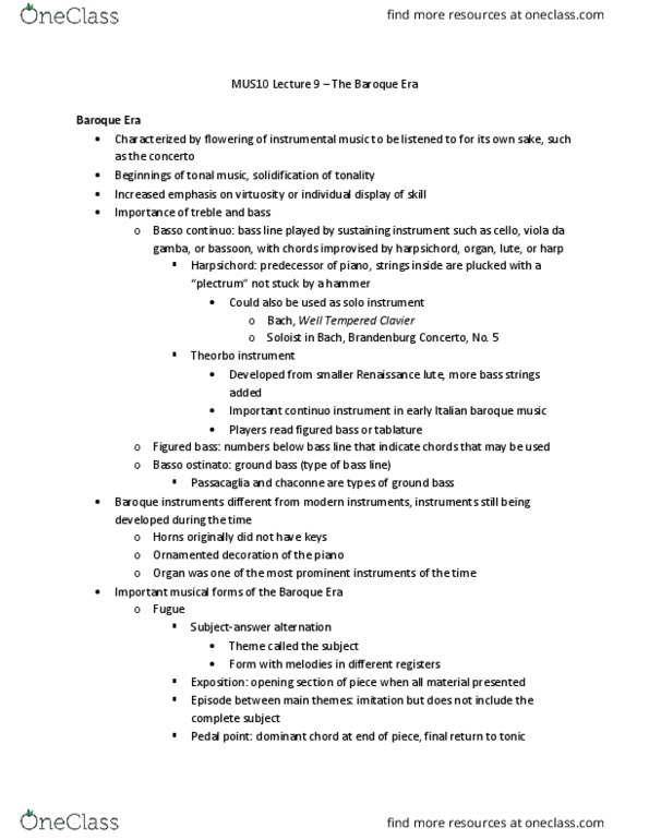 MUS 10 Lecture Notes - Lecture 9: The Well-Tempered Clavier, Brandenburg Concertos, Figured Bass thumbnail