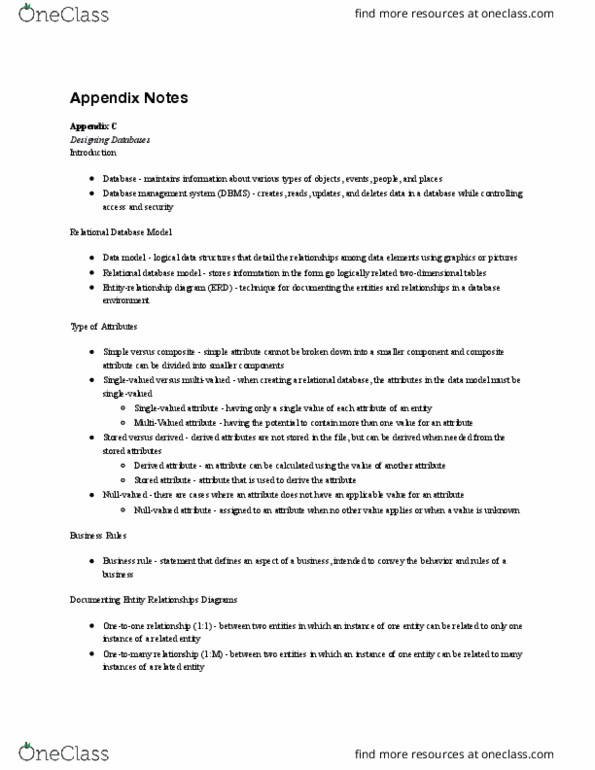 MIS 180 Chapter Notes - Chapter Appendix C: Database, Business Rule, Data Model thumbnail