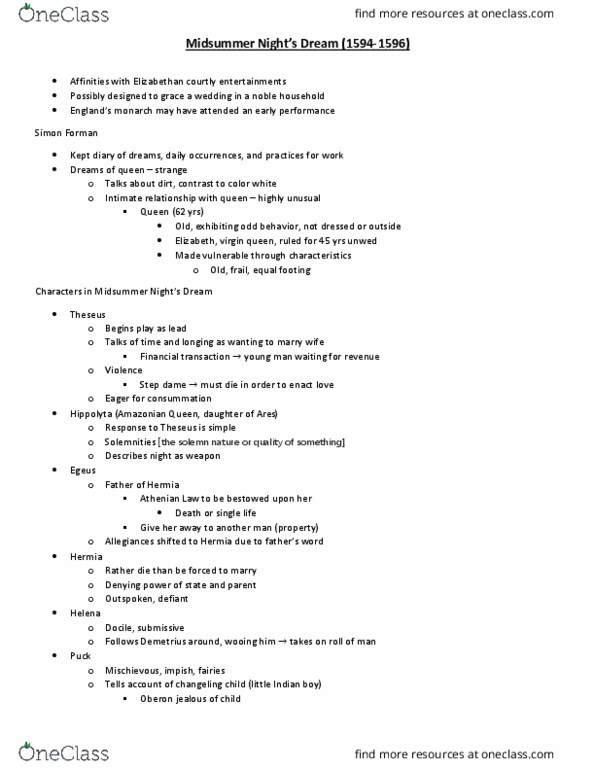 ENGL 225 Lecture Notes - Lecture 2: Hermia, Simon Forman, Egeus thumbnail