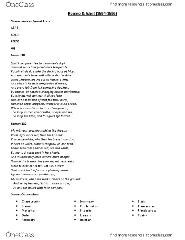 ENGL 225 Lecture Notes - Lecture 7: Sonnet 130, Sonnet 18, Benvolio thumbnail