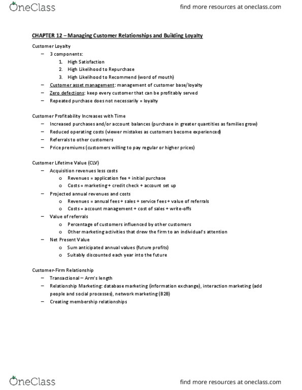 MARK 4500 Chapter Notes - Chapter 12: Customer Relationship Management, Net Present Value, Switching Barriers thumbnail