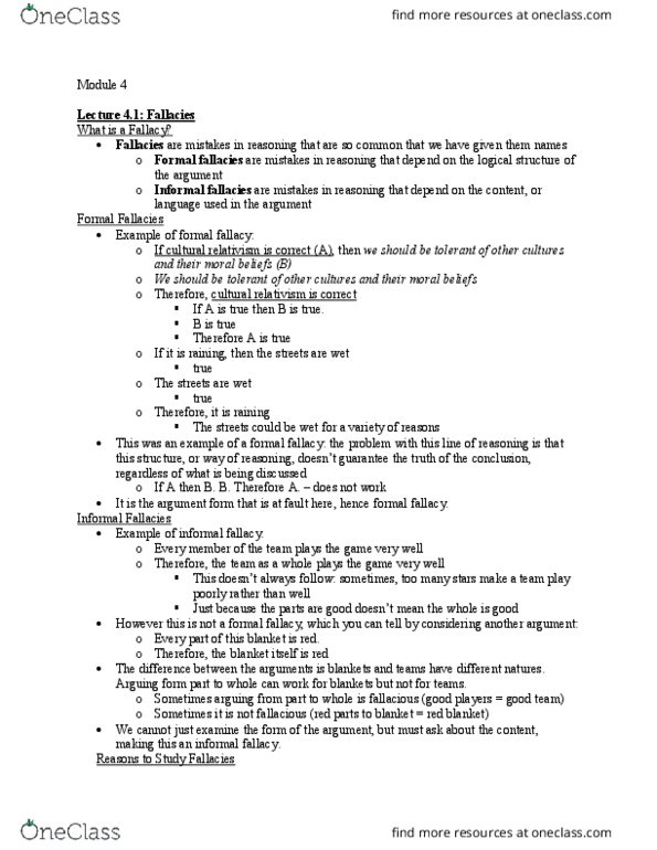 PHL 3000 Lecture Notes - Lecture 4: Formal Fallacy, Informal Fallacy, Logical Form thumbnail