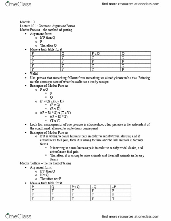 Phl 3000 Lecture Notes Fall 16 Lecture 10 Modus Ponens Modus Tollens Logical Form