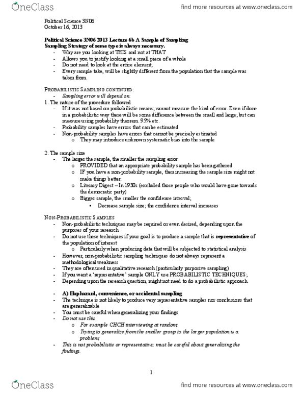 POLSCI 3N06 Lecture Notes - Convenience Sampling, Confidence Interval, Sampling Error thumbnail